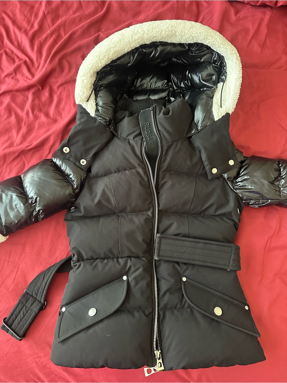 RUDSAK Black Quilted Puffer Jacket with Faux-Shearling Hood